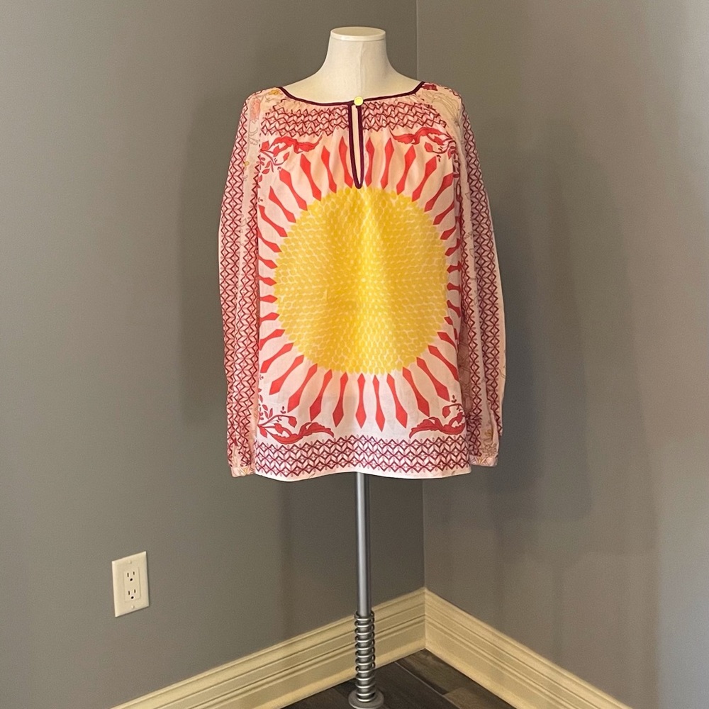 Tory Burch Sunflower Print Blouse Pink Yellow Orange Size 8